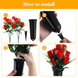 6 Sets Cemetery Flowers With Grave Vase 12 Bunches Memorial Day Artificial Rose Bouquet 84 Heads Fake Spring Silk Cemetery Flower For Graveside Decor(Red)