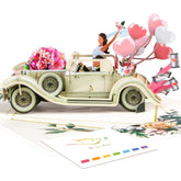 Just Married 3D Pop Up Wedding Card, Vintage Car With Floral Watercolor Cover, Romantic Card For Bride And Groom, Engagement, Bridal Shower, Newlyweds, Wedding Congratulations