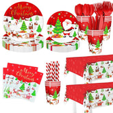 194Pcs Christmas Paper Plates And Napkins - Merry Christmas Party Decorations - Plates, Cup, Napkins, Cutlery, Tablecloth - Disposable Tableware For 24 Guests