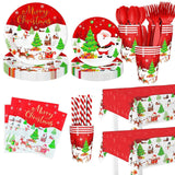 194Pcs Christmas Paper Plates And Napkins - Merry Christmas Party Decorations - Plates, Cup, Napkins, Cutlery, Tablecloth - Disposable Tableware For 24 Guests