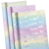 Holographic Birthday Wrapping Paper Roll Set, Iridescent Shiny Rainbow Foil Gift Wrap With Dots, Confetti And Happy Birthday Lettering For Kids, Girls, 3 Rolls, 17 Inches X 10 Feet Per Roll
