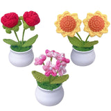 3Pcs Crochet Flower Pot, Sunflower Red Rose Forget Me Not Small Potted Flowers, Mothers Day Valentines Gifts For Mom Wife, Cute Desk Decor For Women Office Car Dashboard