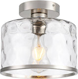 Satin Nickel Semi Flush Ceiling Light with Hammered Glass Farmhouse Fixture