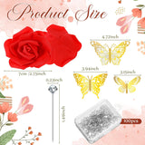 100 Pack Pink Red Roses Artificial Flowers Heads Foam Fake Rose Butterfly Diamond Pins For Diy Holiday Wall Bridal Shower, Wedding Bouquet Decoration (Red)