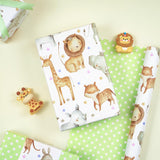 Neutral Baby Shower Reversible Wrapping Paper Roll, Mini Roll, Cute Safari Jungle Animals & Green Polka Dots Gift Wrap For Kids' Birthday, Baby Shower, Nursery Celebrations, 17 Inch X 9.8 Feet