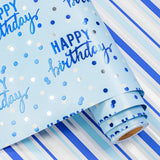 Reversible Blue Birthday Wrapping Paper Roll For Boys Men, Happy Birthday Lettering & Stripe Pattern With Metallic Foil In Blue, Mini Roll, 17 Inches X 32.8 Feet (46.45 Sq.Ft.)