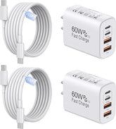 2 Pack 60W USB C Fast Charger with 10FT USB C Cable 4 Port Charger Block for iPhone 17 16 15 iPad AirPods