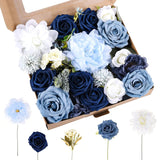 Dusty Blue Artificial Flowers Combo Box Set,Fake Silk Flowers Arrangement Bouquets With Stem Leaf For Diy Wedding Flower Centerpiece Wedding Centerpieces, Blue And White
