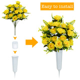 Artificial Cemetery Flowers With Vase, Set Of 2 Artificial Rose Bouquet Graveyard Memorial Flowers For Cemetery Headstones Decoration (Yellow-2Pcs)