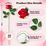 50 Pcs Fake Red Roses Artificial Flowers Bulk, Faux Velvet Silk Rose Bouquet With Long Stems Real Look For Wedding Party Centerpieces Vases Decor