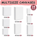 14 Packs Stretched Canvas For Painting, Multisize 12X16, 10X12, 8X10, 5X7, 8X8, 6X6, 4X4 (2 Of Each), Primed Blank Canvas For Oil, Acrylic Paint,For Beginner, Artist.