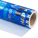 Birthday Wrapping Paper - Mini Roll - 17 Inch X 16.5 Feet - Blue Gold Foil Happy Birthday Wrapping Paper For Kids, Boys, Men, Baby Shower