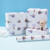 Baby Shower Wrapping Paper Roll - Blue Bears In Hot Air Balloon & Airplane Design For Baby Boy, Birthday Gift Wrap, Baby Shower Decor - 17 Inches X 16.5 Feet,Cut Lines On Back