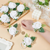 4 Pairs Ivory White Roses Wristlet Corsage Band & Boutonniere Set, Romantic Artificial Flower Wrist Corsage Bracelet Accessories For Wedding Bridal Groom Prom Men Women Flower Girl Guest