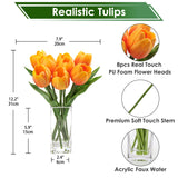 Fake Flowers Artificial Tulip Flower Orange In Clear Vase, Real Touch Foam Tulip Arrangement Suitable For Home Office Decoration, Dining Table Centerpiece