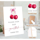 Cherry Wedding Signs For Reception, Pink Bow Please Sign Our Guestbook, Berry Wooden Wedding Signs With Stand, Pink Bow Bridal Shower Decoration, Bridal Shower Party Supplies For Reception, 14