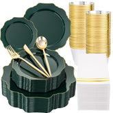 175Pcs Green Plastic Plates - Green Plates Disposable With Gold Rim - Christmas Plastic Plate - Fancy Disposable Dinnerware Sets 25 Guests Ideal For Christmas/Party/Wedding