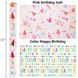 Birthday Hat Wrapping Paper, Reversible Happy Birthday Design Gift Wrap For Baby Shower, Valentines, Mothers Day, Graduation, Wedding, Fathers Day, Christmas (17 Inch X 32.8 Feet)