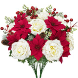 2Pcs Christmas Flowers Poinsettia Flowers Artificial 17Inch Poinsettias Faux Flower Bouquet With White Roses Berries For Christmas Table Decorations Xmas Tree Winter Mantel Decor