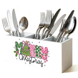 Merry Christmas Kitchen Utensil Holder, Trendy Preppy Xmas Tree Lights Cooking Utensil Holder Wooden Storage Organizer Box For Kitchen Counter, Pink And Green Christmas Decor