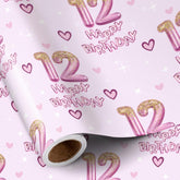 12Th Birthday Wrapping Paper Girls, Hearts And Pink Number 12 Balloons Happy Birthday Design, 12 Years Old, Mini Roll, 17 Inches X 16.4 Feet, Perfect For Girls' Birthday Party Gifts