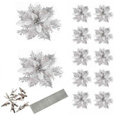 12 Pcs Silver Poinsettia Flower Artificial Poinsettias With Clips, Xmas Flower Decor With Stems, Glitter Poinsettia Christmas Ornaments Christmas Tree Decorations, Diy Xmas Wreath Home Party Decor