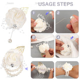 , 2 Pack White Rose Bridesmaid Wrist Flower Corsage Bride Silk With Artificial Gold Leaf Pearl Bead