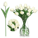 20Pcs Artificial Tulips 14 Inch Real Touch Silk Fake Flowers With Vase For Spring Easter Home Kitchen Wedding Bouquet Bulk Mother'S Day Valentine'S Day Decorations(Cream White)