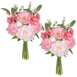 Artificial Peony Flower Stems 2 Pack (20Pcs) Hot Pink Faux Peonies & Daisies Silk Flowers 15.3" Realistic Fake Flowers For Vase Centerpiece Wedding Diy Bridal Bouquet Party Home Decor