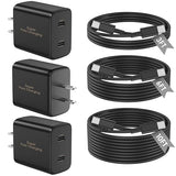 3 Pack 45W USB C Dual Port Fast Charger with 3FT 6FT 10FT USB C Cables Black