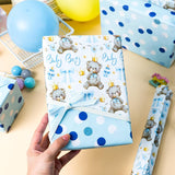 Bear Baby Shower Wrapping Paper, Baby Boy Wrapping Paper, Reversible Watercolor Blue Bear, Bow & Polka Dot Little Boy Gift Wrap For Boys Birthday, Kid Party, 1St Birthday (17 Inch X 16.5 Feet)