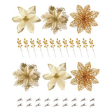Poinsettias Artificial Christmas Flowers Decorations - 30 Pcs 3 Styles Artificial Gold Poinsettia Flowers For Christmas Tree,Artificial Holly Berry Stems Fake Poinsettia With Clips For Outdoor Decor