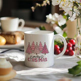 Merry Christmas Cute Pink Coffee Mugs, Christmas Tree Winter Ceramic Coffee Mug, Christmas Holiday Drinking Party Mugs For Coffee Tea Hot Coco Lattes, 11Oz Ceramic Cup White