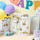 Reversible Construction Birthday Wrapping Paper For Kids - 17 In X 16.4 Ft(23.3 Sqft) - Reversible Gift Wrap Paper With Yellow Truck Excavator Digger For Kids Boys Birthday, Baby Shower, Christmas