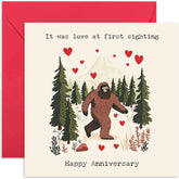 Happy Anniversary Card For Husband And Wife - Funny Big Foot Sasquatch Design 'Love At First Sighting' - Hilarious Romantic Design For Boyfriend Girlfriend Spouse Partner