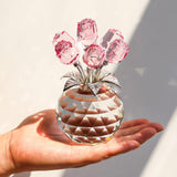Handmade Crystal Pink Rose Flower Figurine With Round Vase, Rose Gifts For Girlfriend Wife Sister, Romantic Gifts For Mom On Mother'S Day Birthday Anniversary, Wedding Home Decorations