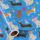Dog Birthday Wrapping Paper Roll For Boys, Mini Roll, Cute Cartoon Dog With Party Hats, Cakes And Balloons Design, Blue Gift Wrap For Kids, Pet Lovers, Pet Birthday, 17 Inches X 16.4 Feet