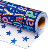 Blue Birthday Wrapping Paper Roll - Colorful Happy Birthday Letters With Metallic Foil Shine & Stars Reversible Gift Wrap For Boys Baby Shower, Party - Mini Roll - 17 Inch X 16.5 Feet