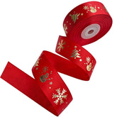 25Y Christmas Ribbon Satin, 1 Inch Wide Printed Ribbons With Golden Christmas Tree Snowman Snowflakes, Merry Christmas Ribbon For Kids Gift Packaging Wrapping Craft Decoration (Red)