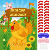 Farm Animal Party Games - Pin The Comb On The Rooster Poster With 24 Stickers & 2 Blindfolds - Rooster Crown Game Set For Barnyard Parties, Adult Group Activities & Farm Theme Decor