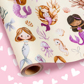 Mermaid Wrapping Paper Roll - Mini Roll - 17 Inch X 16.5 Feet - Ocean Themed Reversible Gift Wrap With Jellyfish, Bow, Seahorses, Shell & Pink Heart For Girls Birthday, Baby Shower