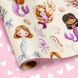 Mermaid Wrapping Paper Roll - Mini Roll - 17 Inch X 16.5 Feet - Ocean Themed Reversible Gift Wrap With Jellyfish, Bow, Seahorses, Shell & Pink Heart For Girls Birthday, Baby Shower