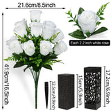 Artificial Cemetery Flowers, Grave Memorial Flowers, Set Of 2 Artificial Rose Bouquet With Vase For Cemetery Headstones Gravesites Decoration (White)