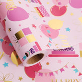 Pink Birthday Wrapping Paper Roll - 17 Inch X 32.8 Feet - Gold Foil Celebration Cake, Balloon, Happy Birthday Lettering Design Gift Wrap For Kids, Baby Showers