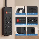 20A Heavy Duty Surge Protector Power Strip 8 Outlets 6FT Metal Wall Mount Black