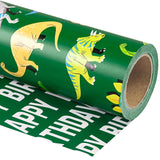 Reversible Dinosaur Wrapping Paper - Mini Roll - 17 Inch X 16.5 Feet - Green Dinosaur And Happy Birthday Wrapping Paper For Girl Kids Boy Birthday, Baby Shower