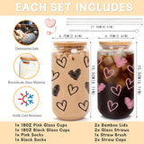 Valentine Glass Cups With Socks, Valentine Gifts For Him/Her, 18 Oz Hearts Glass Cups Gifts,Warm Socks For Women Men, Couple Iced Coffee Cups,Glass Cups With Lids And Straws - 2 Sets