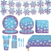 170Pcs Frozen Birthday Party Decorations Purple And Blue Snowflake Winter Wonderland Include Disposable Plates, Cups, Cutlery, Banner, Tablecloth For Christmas Winter Wonderland Decorations