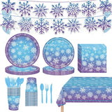 170Pcs Frozen Birthday Party Decorations Purple And Blue Snowflake Winter Wonderland Include Disposable Plates, Cups, Cutlery, Banner, Tablecloth For Christmas Winter Wonderland Decorations