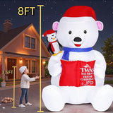 8Ft Giant Christmas Inflatable Polar Bear With Penguin Decoration, Led Light Up & Built-In Speaker, Blow Up Outdoor Indo